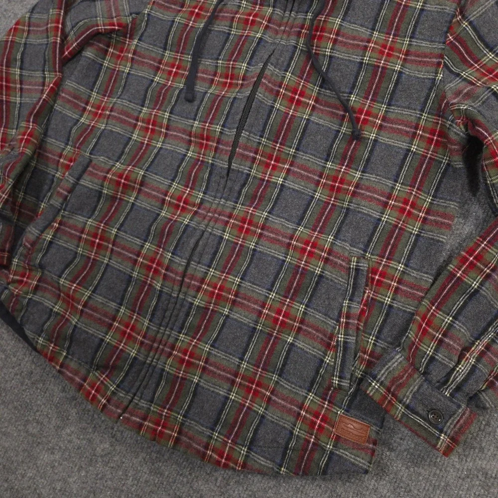 LL Bean Flannel Hoodie Womens Small Gray Red Scotch Plaid Full Zip Relaxed Fit